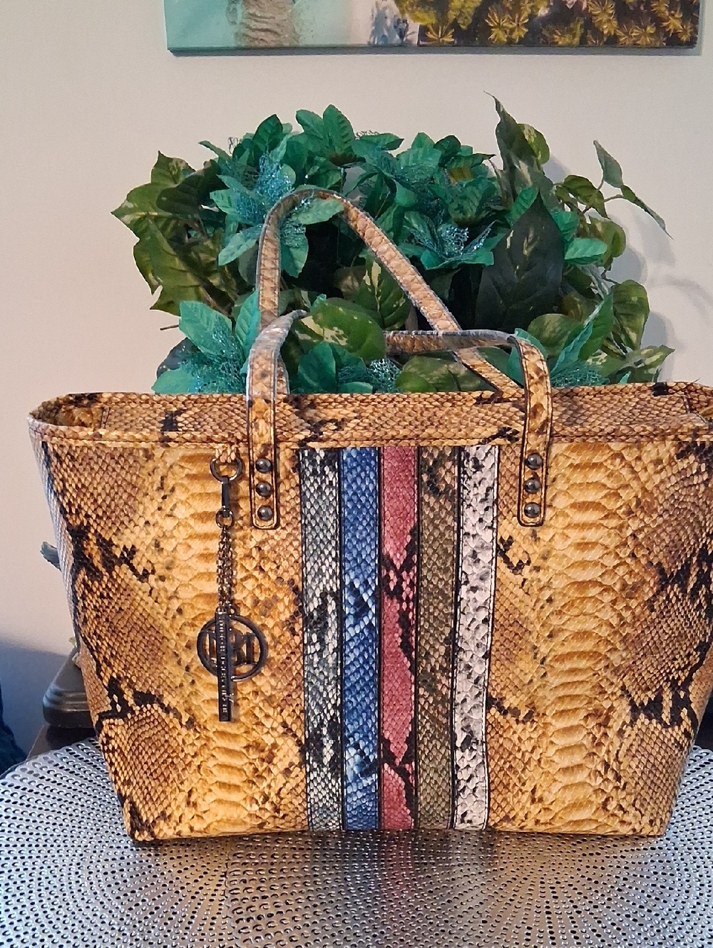 Badgley Mischka Yellow Snake-Embossed Tote with Multicolor Stripe Charm